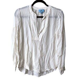 CeCe Solid White Notch Neckline Long Sleeve Top Size Small